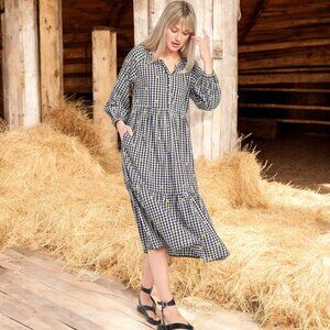 OLD NAVY Black & White Gingham Daisy Print Prairie Dress with Pockets Size Large